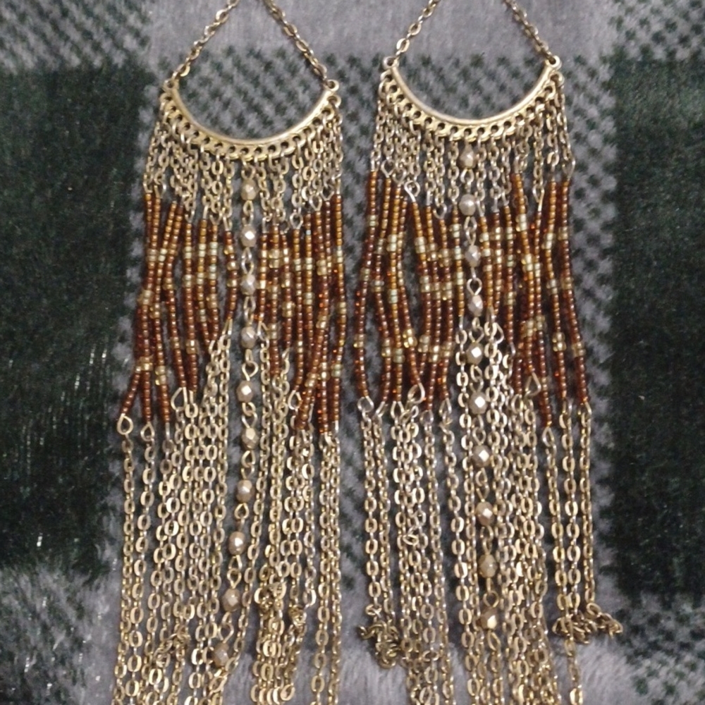 Gold and Brown Beaded Chain Earrings